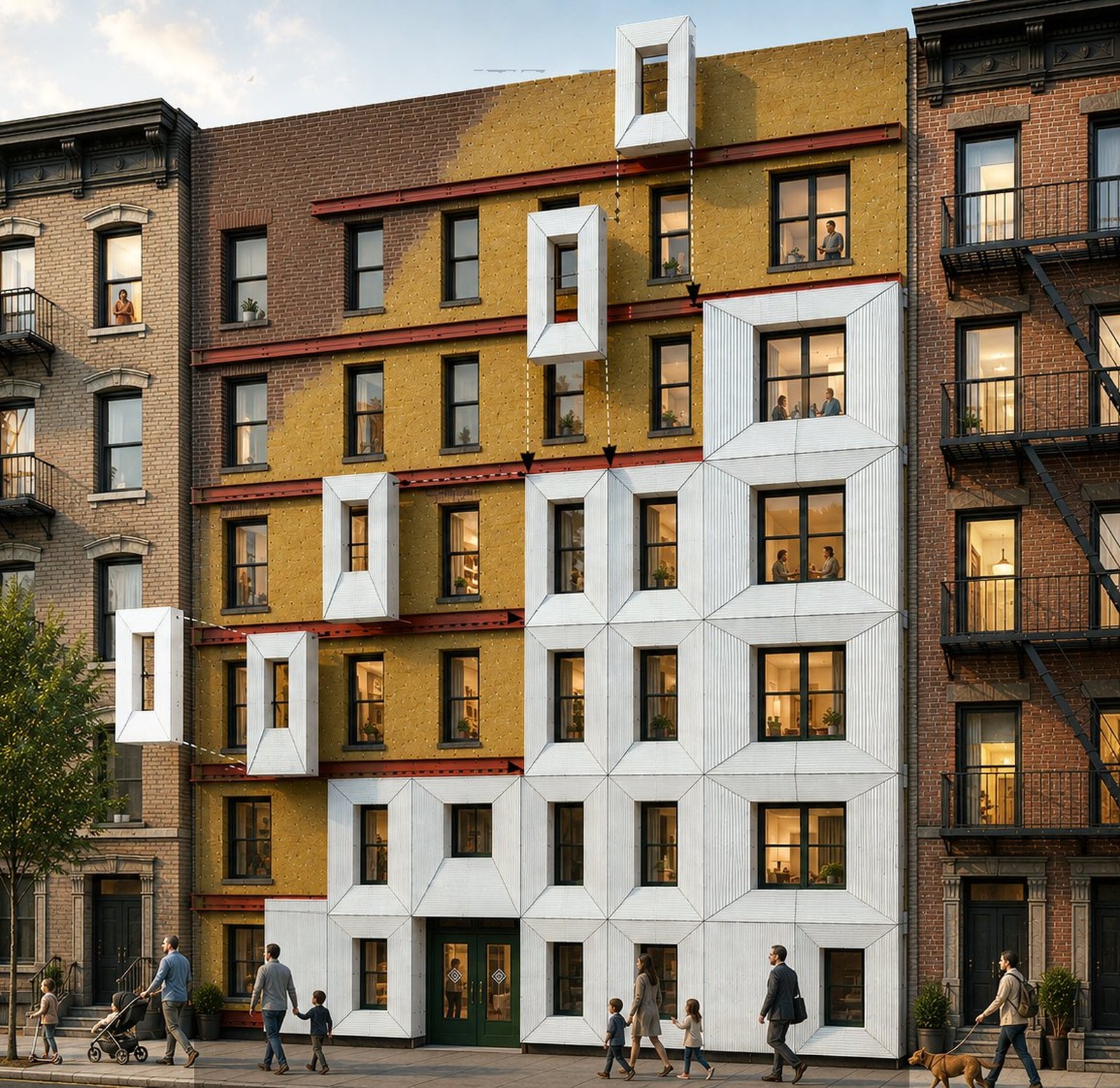 A pre-war NYC walk-up with UnBOXED retrofit mid-install: white 3D-printed panels stacking up the lower floors, additional panels suspended mid-air being lowered into place, exposed yellow mineral wool insulation visible behind the panels, red bracket rails attached to the existing brick at each floor level, neighboring buildings unchanged, residents visible inside, families walking on the sidewalk.