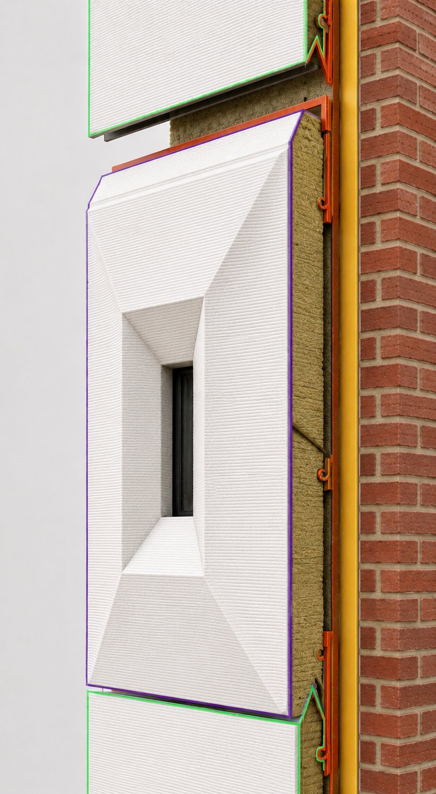 Exploded view of the UnBOXED retrofit panel system attached to a brick wall. The colored outlines identify each layer: purple/green for the 3D-printed panel, yellow for the air and vapor control layer, tan mineral wool for thermal insulation, and red brick for the existing wall underneath.